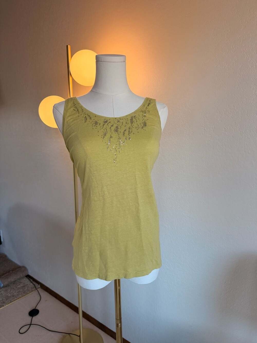 Eileen Fisher Chartreuse Yellow Scoop Neck Tank Top with Beaded Embellishments